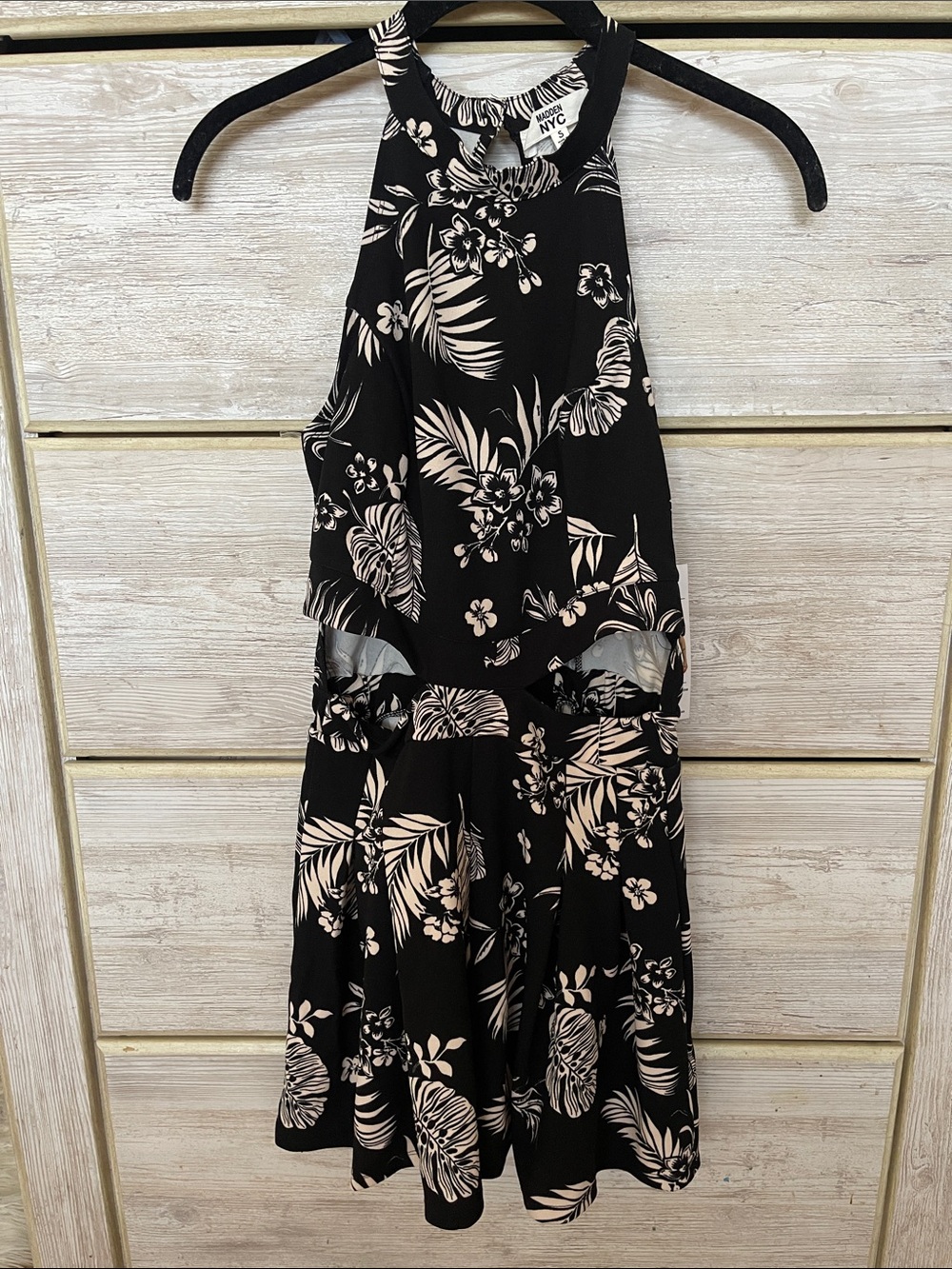 NYC Black Floral Halter Romper with Cream Print